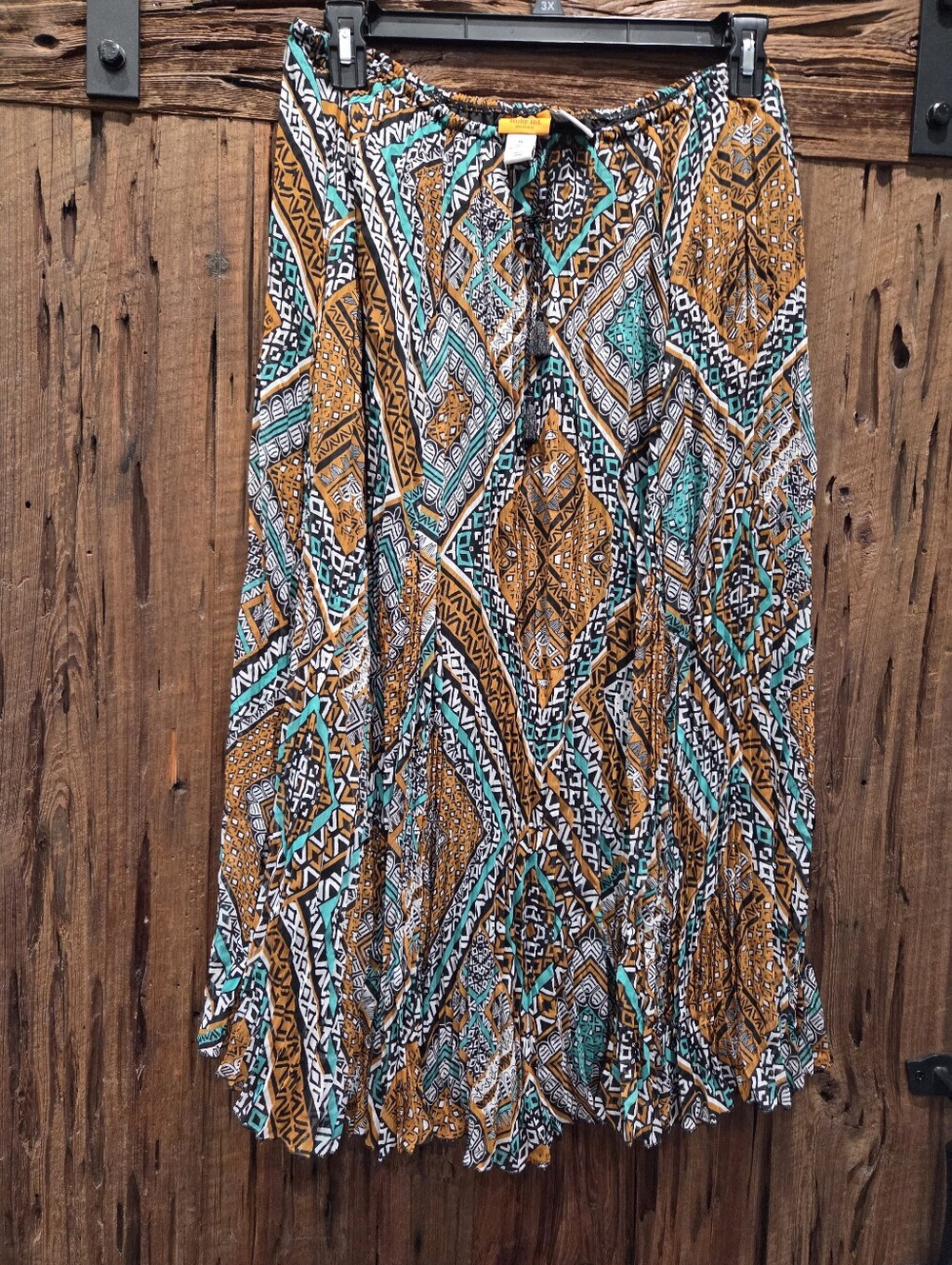 Ruby Rd. Printed Boho Tiered Maxi Skirt in Mustard & Teal
